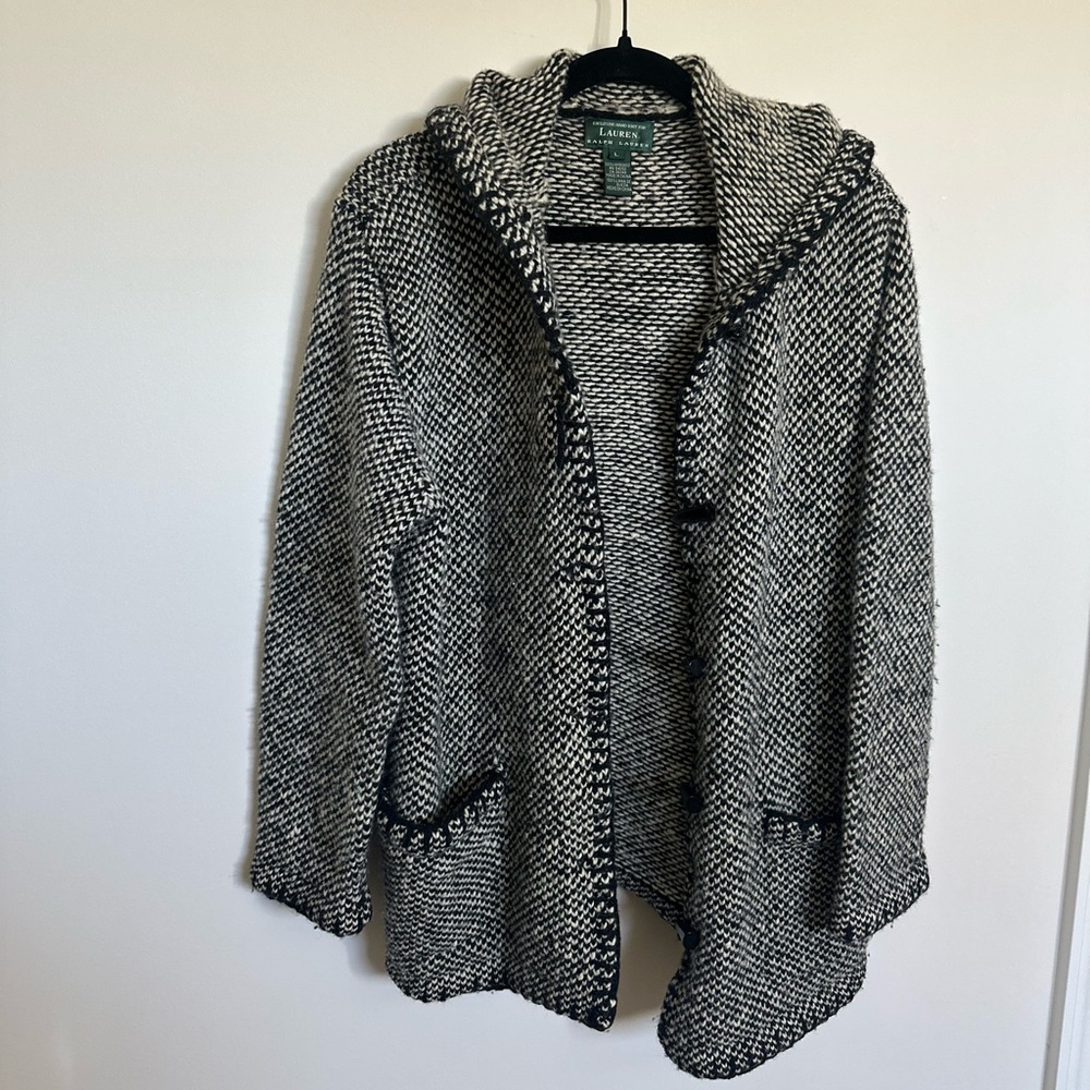 RARE Lauren Ralph Lauren • Exclusive HandKnit Lambswool Hooded Cardigan • Large
